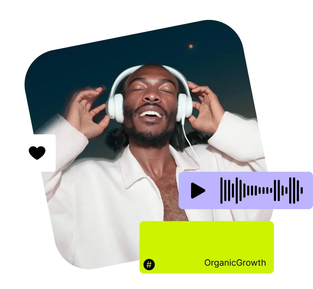 Mann mit Kopfhörern genießt Musik – Symbolbild für kreatives Social Media Marketing und organisches Wachstum.