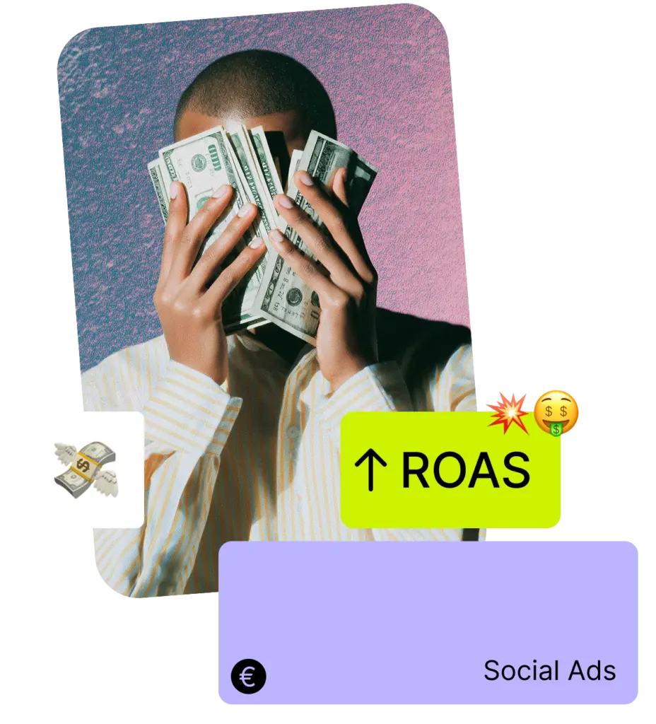 Person hält Geldbündel vor dem Gesicht – Symbolbild für erfolgreiche Social Ads mit hoher ROAS.